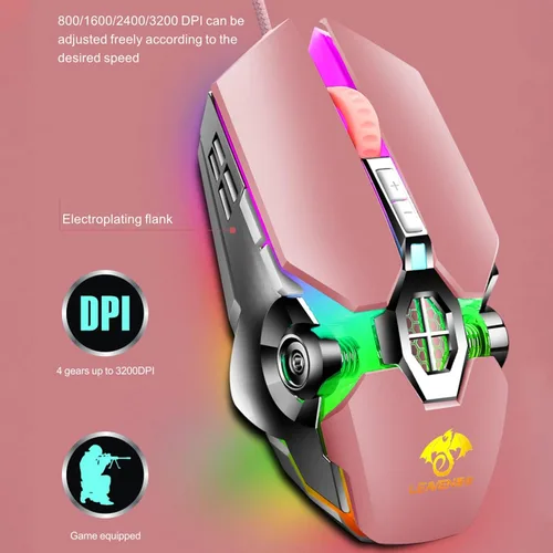 Vista 3 de Mouse para juegos con cable, USB óptico para computadora con retroiluminación RGB, 7 DPI ajustables hasta 3200, mouse ergonómico para computadora
