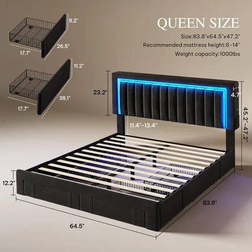 Vista 2 de YITAHOME Base de cama tamaño Queen con cabecera ajustable, 4 cajones de almacenamiento y luces LED RGB, cama de plataforma tapizada de terciopelo