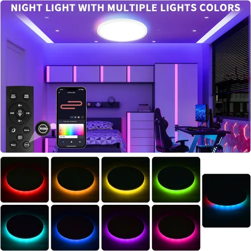 Vista 7 de Lámpara de techo de montaje empotrado de 12 pulgadas con control remoto y luces nocturnas, lámpara de techo LED regulable de 2700 K-6500 K, moderna