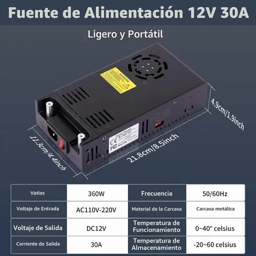 Vista 2 de Fuente de alimentación de 12 V, 360 W, 30 A, convertidor de CA a CC de 110 V a 12 V CC, transformador universal ajustable para RV, radio/estéreo