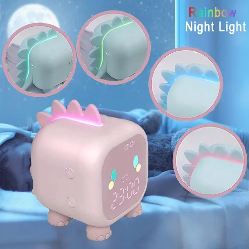 Vista 2 de Reloj despertador para niños con diseño de dinosaurio, reloj despertador digital rosa para niños y niñas con luz nocturna