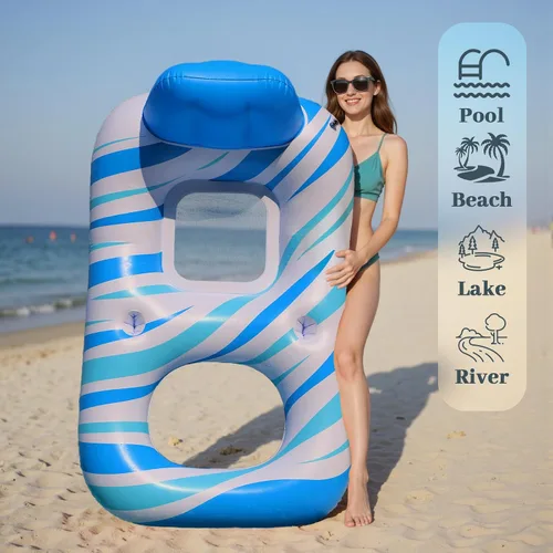 Vista 6 de Pool Float for Adults – Extra Large Inflatable Tanning Pool Float with Backrest, Footrest & 2 Cup Holders, Heavy Duty Float Lounger for Pool, Lake