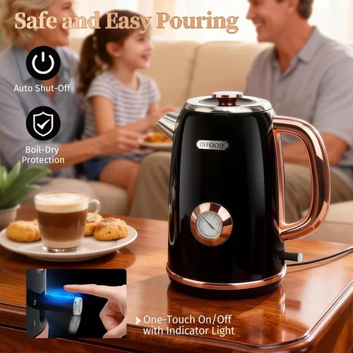 Vista 11 de INFOOD Hervidor eléctrico retro de 1.7 l/57 onzas con termómetro – Hervidor de té de agua caliente de acero inoxidable de 1500 W de ebullición