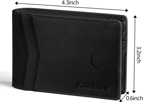 Vista 3 de RUNBOX Cartera para hombres Slim Rfid Leather 2 ID Window con caja de regalo, Palm-negro, Minimalista