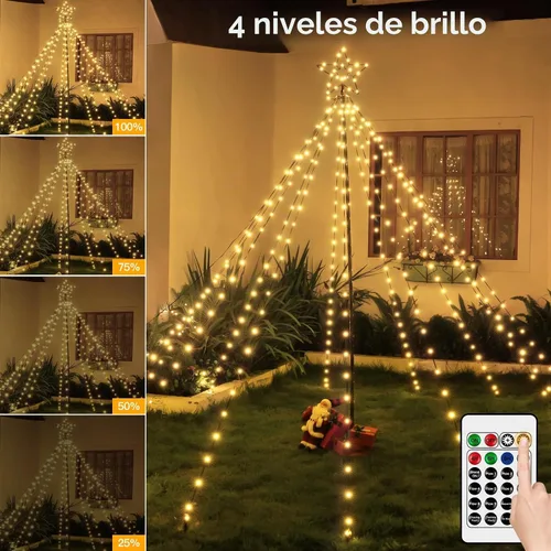 Vista 4 de Luces de árbol de Navidad de 340 LED con estrella superior, IP67, impermeable, control remoto, luces de cascada con poste, 16 modos, 3
