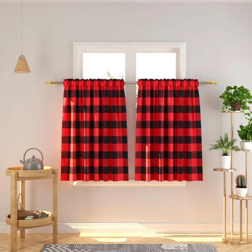 Vista 102 de Cenefas de cortina para ventana de 16 pulgadas de largo, 2 paneles de cuadros búfalo, cortinas pequeñas con bolsillo para barra, estilo clásico