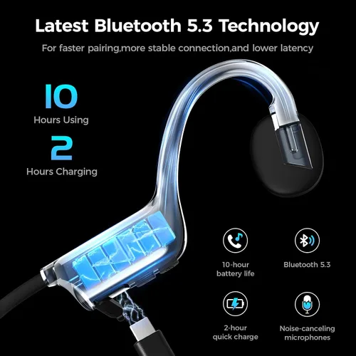 Vista 3 de Auriculares de conducción ósea, auriculares deportivos inalámbricos Bluetooth de oreja abierta con micrófono, carga rápida tipo C, batería de larga