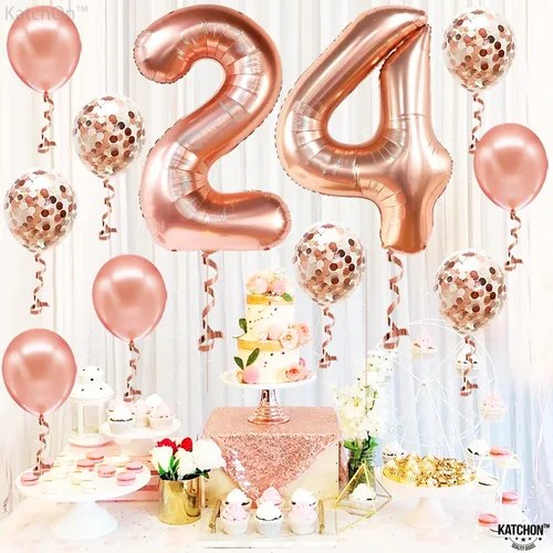 Vista 2 de KatchOn, Globos de oro rosa con el número 24, 40 pulgadas, globos de cumpleaños 24 para mujer, globos del número 24 con globos de confeti