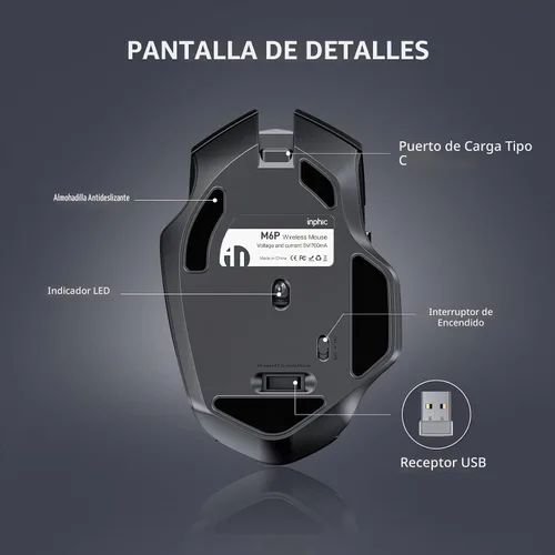 Vista 7 de INPHIC - Ratón inalámbrico recargable, batería visible, 2400 DPI, 6 botones, ratón grande ergonómico para portátil, computadora, Mac, PC, etc.