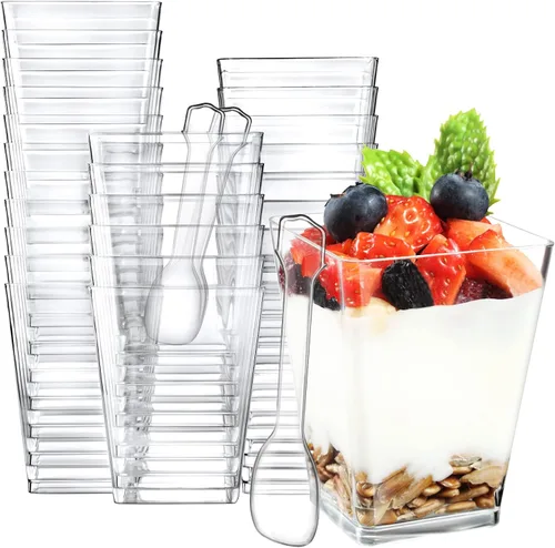 Vista 8 de Eupako Paquete de 125 mini tazas de postre de plástico de 5 onzas con cucharas, tazas pequeñas transparentes para parfait, tazas cuadradas