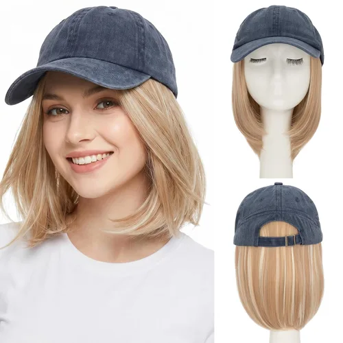 Vista 24 de SEGO - Gorra de béisbol con extensiones de cabello para mujer, resistente al calor, sintético, 6 pulgadas, ajustable, corta, recta, peluca
