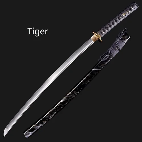 Vista 2 de Espada Katana Hecha a Mano, Espada Samurai Japonesa de Acero al Carbono T10, Templada en Arcilla, Espiga Completa, 40.5 Pulgadas/103 cm
