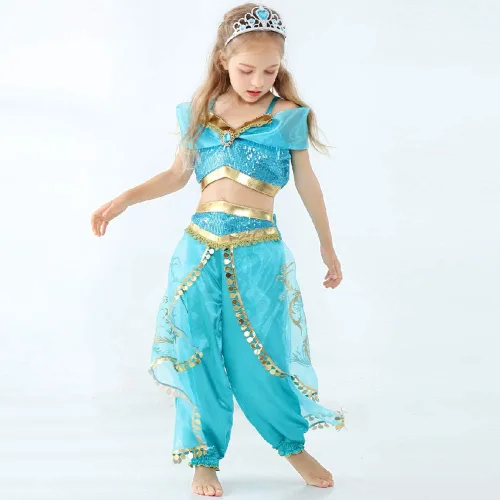 Vista 4 de Disfraz de princesa árabe para niñas con accesorios para la cabeza, accesorios de disfraces para Halloween, cumpleaños, fiesta de Navidad