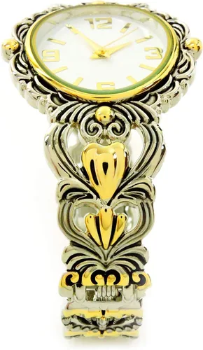 Vista 3 de 2Tone Metal Decorado Gran Cara Ovalada Mujer Brazalete Brazalete Reloj, plateado, Contemporáneo