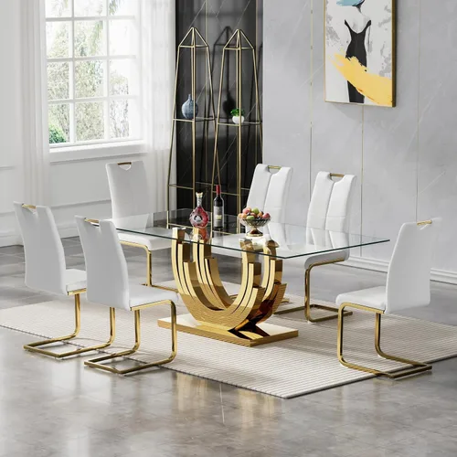 Vista 35 de Juego de mesa de comedor de vidrio de 70 pulgadas para 4, mesa rectangular de cristal dorado con 4 sillas de piel sintética, juego de mesa de Mesa