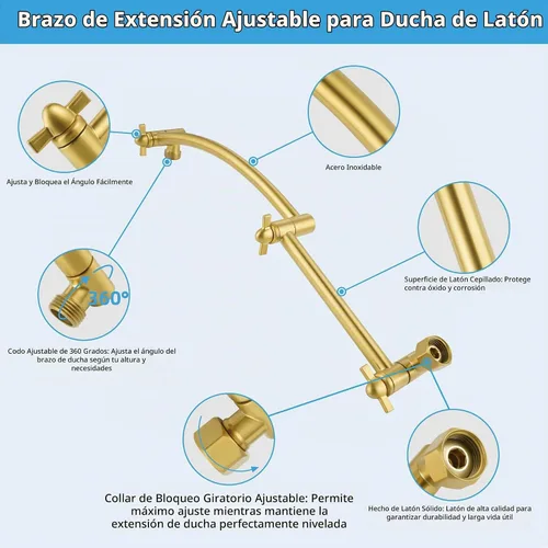Vista 3 de Brazo de Extensión de Cabezal de Ducha Hibbent, Extensión Ajustable de Latón Sólido de 16" con Junta de Bloqueo, Estándar 1/2", Eleva o Baja