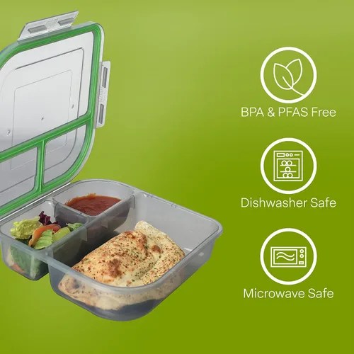 Vista 4 de MyGo Container - Contenedor pequeño de 3 compartimentos para llevar, 8" x 8" x 2-1/2", reutilizable, apto para microondas, certificado NSF