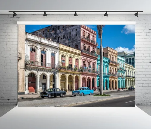 Vista 3 de BELECO Telón de fondo de tela de 5 x 3 pies para la calle de Cuba Ciudad Latinoamericana Vieja Habana Centro Calle Colorido Fondo de Casa Cuba