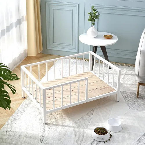 Vista 6 de OSCHF Cama para perros con rieles, marco de cama elevado de metal para mascotas con tabla de madera maciza y alfombrilla suave lavable para perros