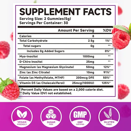 Vista 2 de Gomitas de mio-inositol y D-Chiro inositol, proporción 40:1 de inositol con vitamina D3, glicinato de magnesio, folato y zinc, suplemento