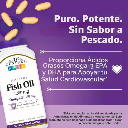 Vista 3 de 21st Century Aceite de pescado 1200 mg cápsulas blandas con revestimiento entérico, 90 unidades Omega-3 Fish Oil 1200 mg with 360 mg EPA & DHA