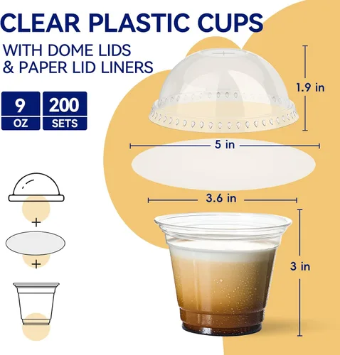 Vista 4 de JOLLY CHEF 200 juegos de vasos de plástico transparente de 9 onzas con tapas de cúpula y forros de papel, vasos de postre de plástico con tapas