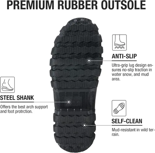 Vista 4 de HISEA Botas de lluvia mejoradas para hombre, impermeables, aisladas, de goma, botas de caza de barro, pantorrilla ajustable