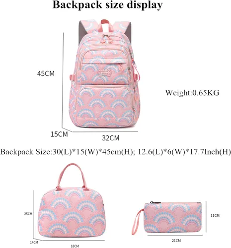 Vista 3 de Mfikaryi Mochila de escuela primaria para niñas, bolsa impermeable para estudiantes con lonchera y estuche para lápices, Azul oscuro