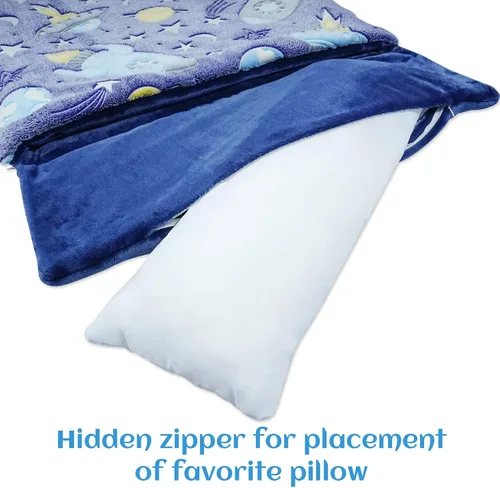 Vista 6 de Saco de dormir para niños que brilla en la oscuridad, para niñas y niños, tapete para siesta de 62 x 28 pulgadas, suave y cómodo para fiestas