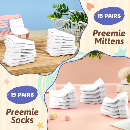 Vista 4 de Jeyiour 30 pares de guantes y calcetines prematuros para bebés prematuros, guantes y mitones para bebés prematuros, calcetines y manoplas para bebés