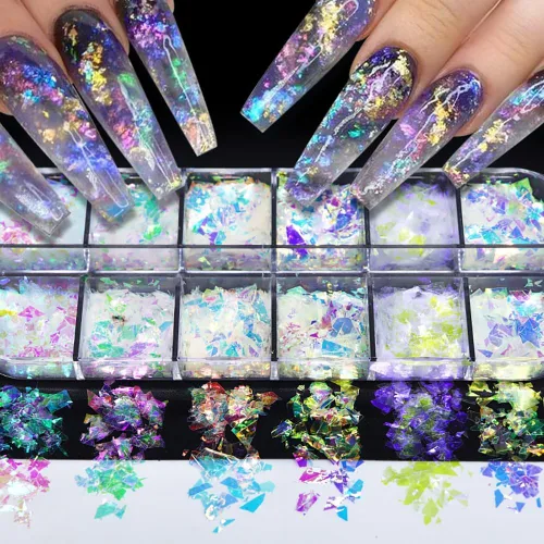 Vista 3 de Arte de uñas holográfico de sirena, lentejuelas con purpurina en polvo, piezas irregulares celofán fluorescente, piezas iridiscentes con purpurina