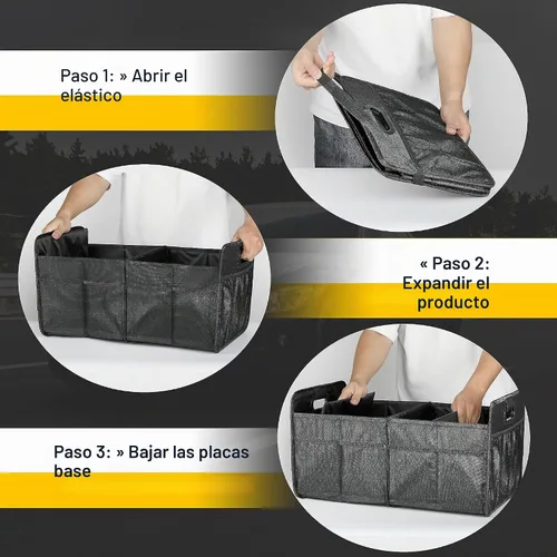 Vista 6 de YSSOA Organizador de maletero para coche/SUV/camión, caja de almacenamiento automotriz plegable de 2 compartimentos, poliéster Oxford 600D Negro