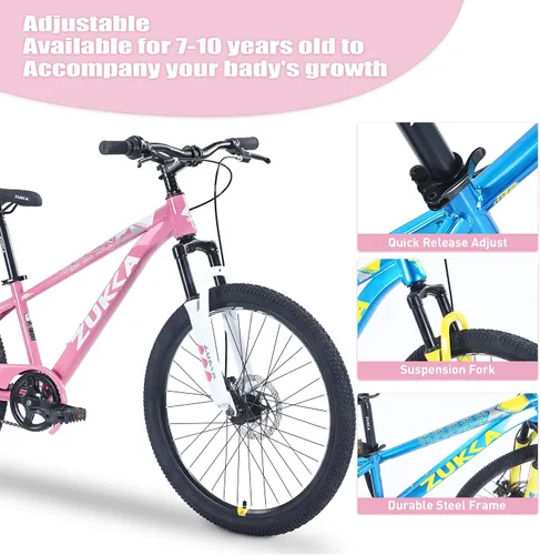 Vista 6 de Bicicleta de montaña de 20 pulgadas para niños y niñas de 7 a 10 años, marco de acero con horquilla de suspensión delantera y frenos de disco