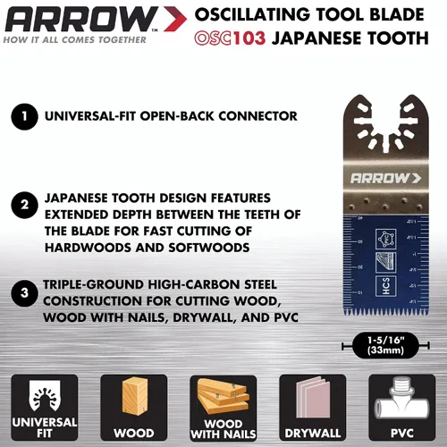 Vista 2 de Arrow OSC103-1 Hoja oscilante de madera dura japonesa para madera dura, madera, PVC, paneles de yeso, universal, se adapta a la mayoría