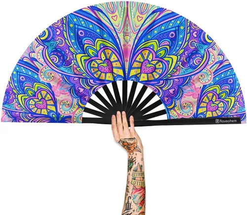 Vista 22 de Abanico Plegable Grande, Abanico Rave Clack de 13 Pulgadas, Abanico de Mano para Mujeres y Hombres con Tela de Satén Premium, Marco de Bambú Grueso