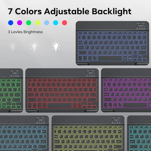 Vista 5 de OMOTON Teclado Bluetooth, teclado inalámbrico recargable para iPad, iPad Pro, iPad mini, iPad Air con LED iluminado (negro)