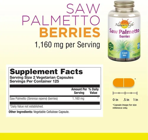 Vista 2 de Nature's Life Saw Palmetto Berries - Cápsulas de 1160 mg - Suplemento de palma enana americana para hombres - Salud de la próstata y apoyo urinario