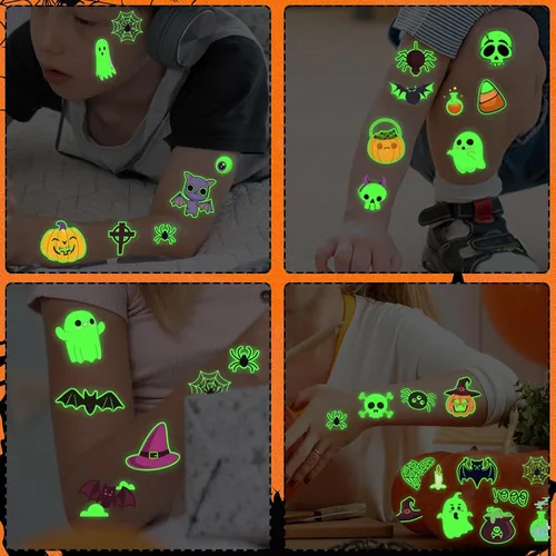 Vista 6 de Ozepao Juego de 10 hojas de calcomanías temporales de tatuaje de Halloween, 88 diseños únicos con calabazas, calaveras, esqueletos, fantasmas