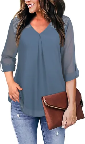 Vista 3 de Bebonnie Blusas de encaje de gasa con cuello en V y manga 34 enrollables para mujer