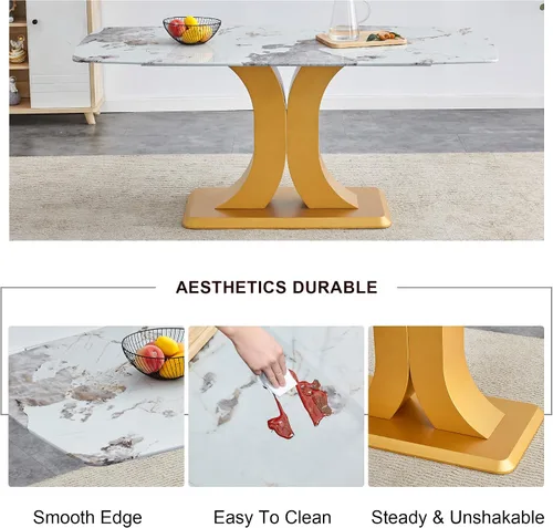 Vista 5 de A Modern Minimalist Dining Table. Imitation Marbled Glass Tabletop. Gold Table Legs for Kitchen and Living Room