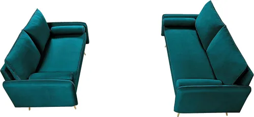 Vista 3 de Container Furniture Direct Juego de sofá de terciopelo inspirado en Chesterfield de 2 piezas con patas oblicuas de metal dorado, azul verdoso