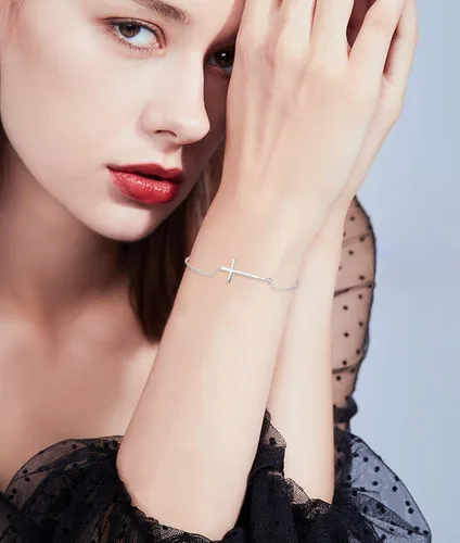 Vista 2 de Sllaiss Pulsera religiosa de plata de ley 925 con cruz lateral para mujeres y hombres, joyería de cruz, pulsera cristiana, cadena de eslabones