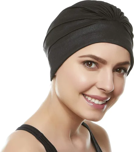 Vista 2 de BEEMO Gorros de natación para mujer, turbante de natación, de poliéster, con forro de látex, plisado para mujer Negro