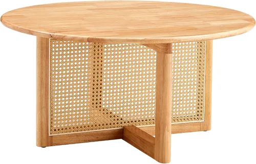 Vista 7 de Mesa de centro de madera de mediados de siglo con soporte de ratán de polietileno, mesa de café redonda de madera maciza de 33.45 pulgadas, mesa