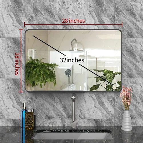 Vista 7 de Espejo de pared con estante para baño, 28 x 18 pulgadas, marco negro, espejos de pared para colgar horizontal o vertical, espejos modernos de pared