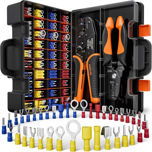 Vista 12 de SOMELINE Kit de herramientas de prensado de conectores eléctricos, crimpadora de terminales de trinquete 22-10 AWG, con conectores aislados a tope