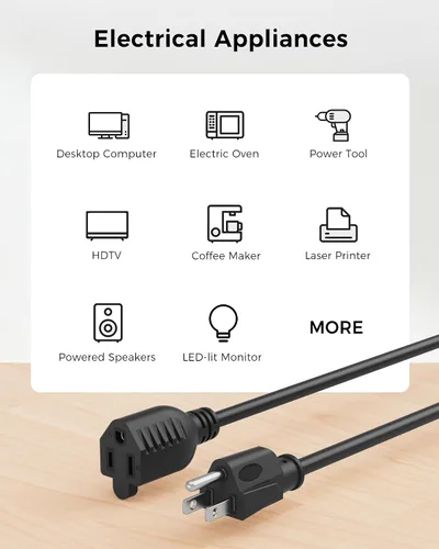 Vista 4 de Cable Matters - Paquete de 2 cables de extensión de alimentación cortos de 16 AWG, resistentes de 13 A, 1 pie, 3 clavijas, NEMA 5-15P a NEMA 5-15R