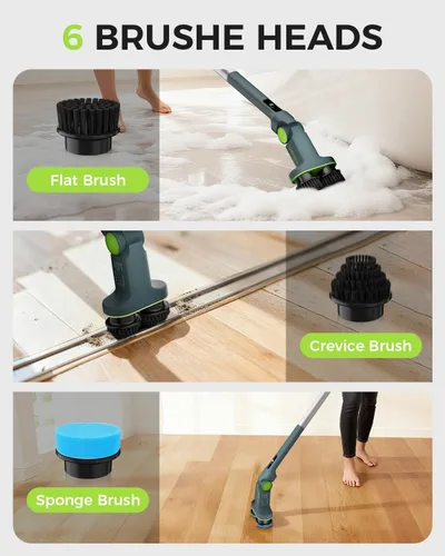 Vista 7 de Limpiador eléctrico giratorio inalámbrico de doble cepillo, IPX7, impermeable, para baño, mango extensible con pantalla digital, 2 velocidades, 6