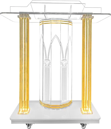 Vista 10 de Púlpito acrílico personalizable con logotipo y texto con ruedas, iluminación LED y plataforma de lectura vertical, atril de iglesia transparente