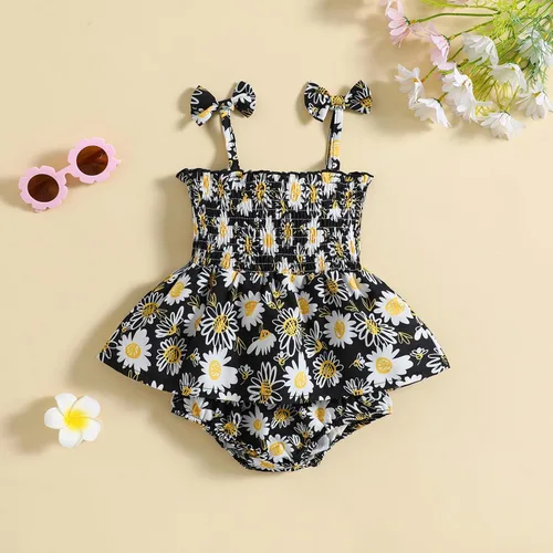Vista 2 de Ropa para bebé recién nacida, estilo bohemio, floral, sin mangas, con lazo, con volantes y diadema